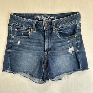 American Eagle Medium Wash Distressed Denim Cut-off Stretch Jean Shorts Sz 6